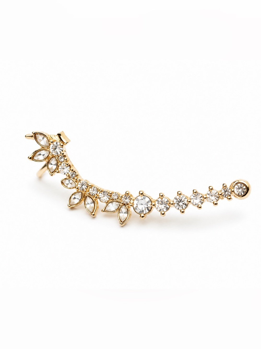Gold Rhinestone Ear Climber Earrings Crystal Leaf Crawler Bridal Statement - Picture 3 of 4